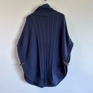 Talbots Navy Cable Knit Sweater Cowl Neck Poncho Buckle Coastal Preppy Old Money